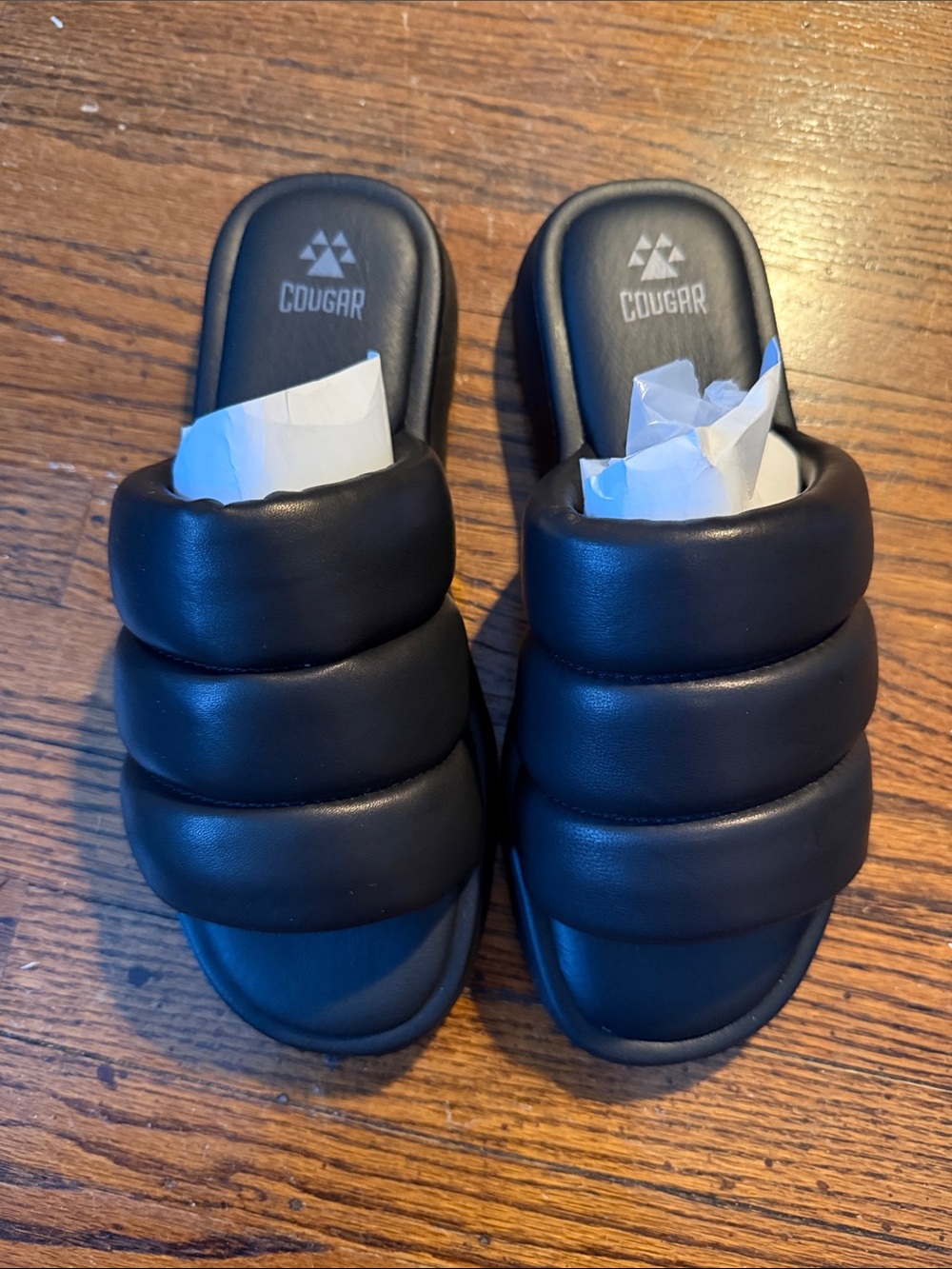 Cougar Black Padded Triple-Strap Slide Sandals